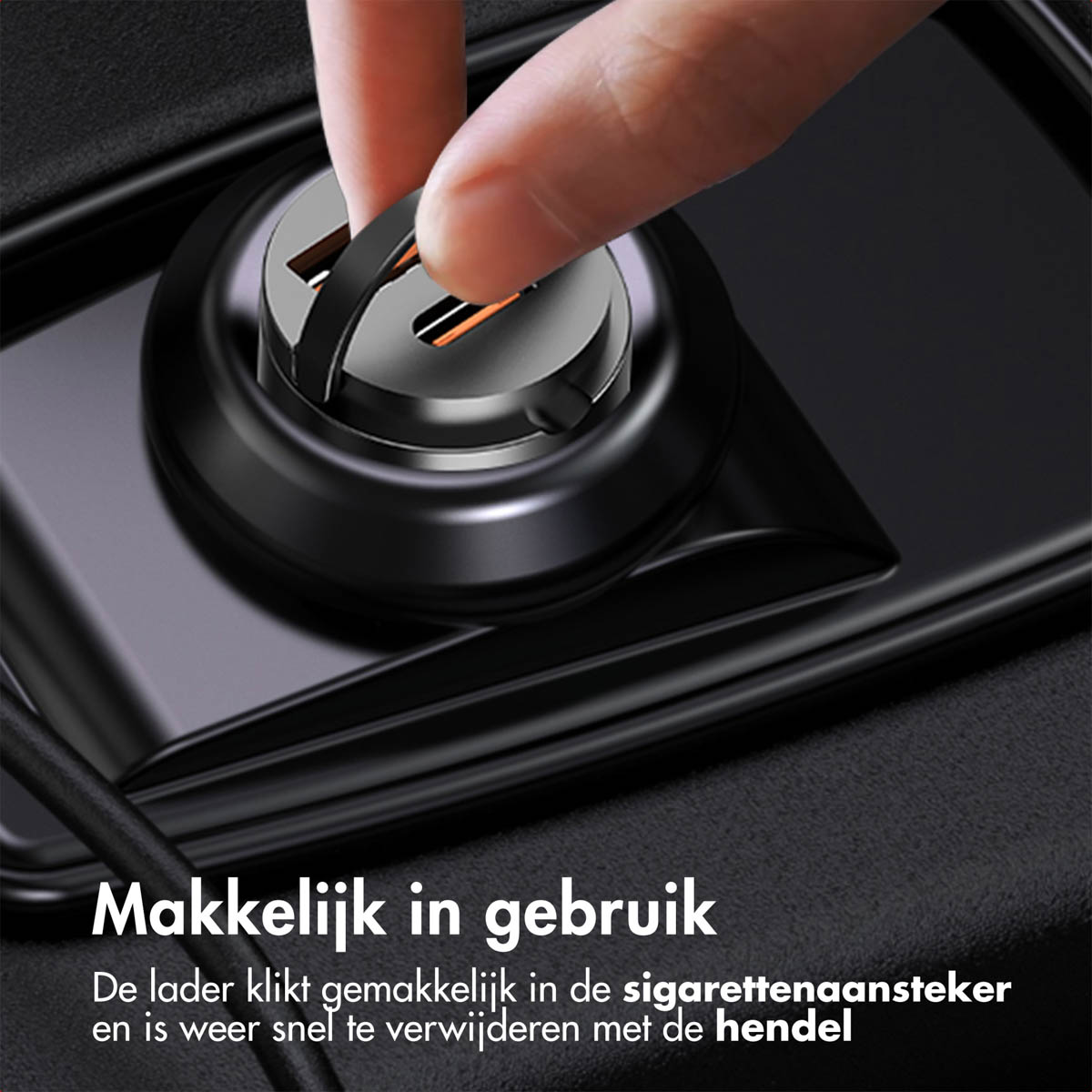Car charger with USB ports. A finger is inserting a black device with silver details into the charger.