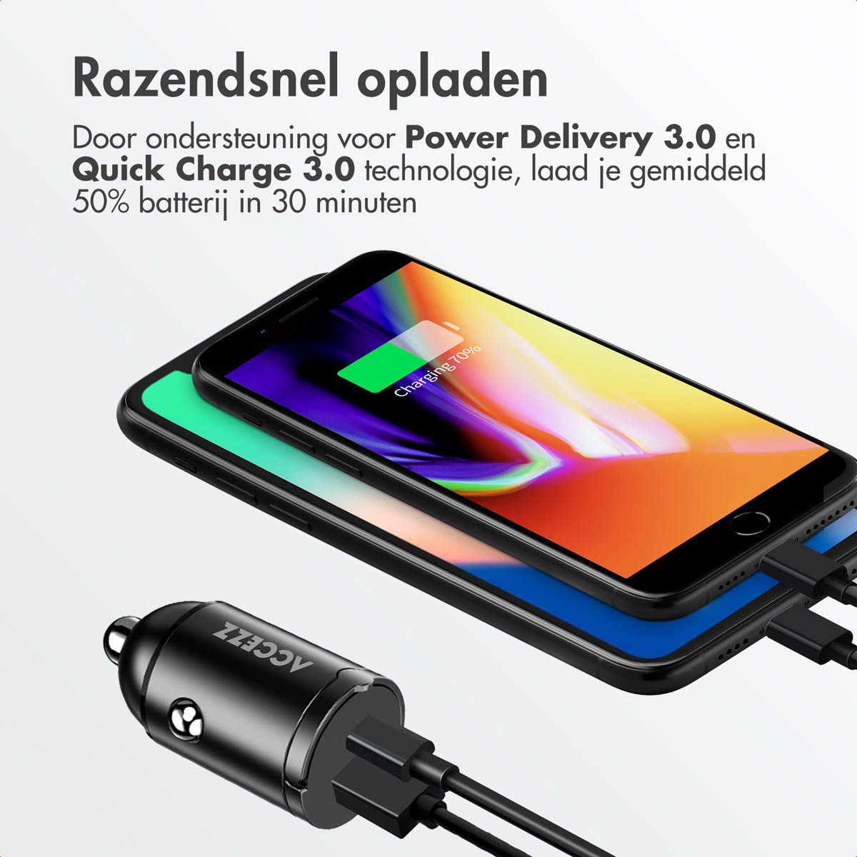 Two phones charging, one with a charging indicator, and a car charger.