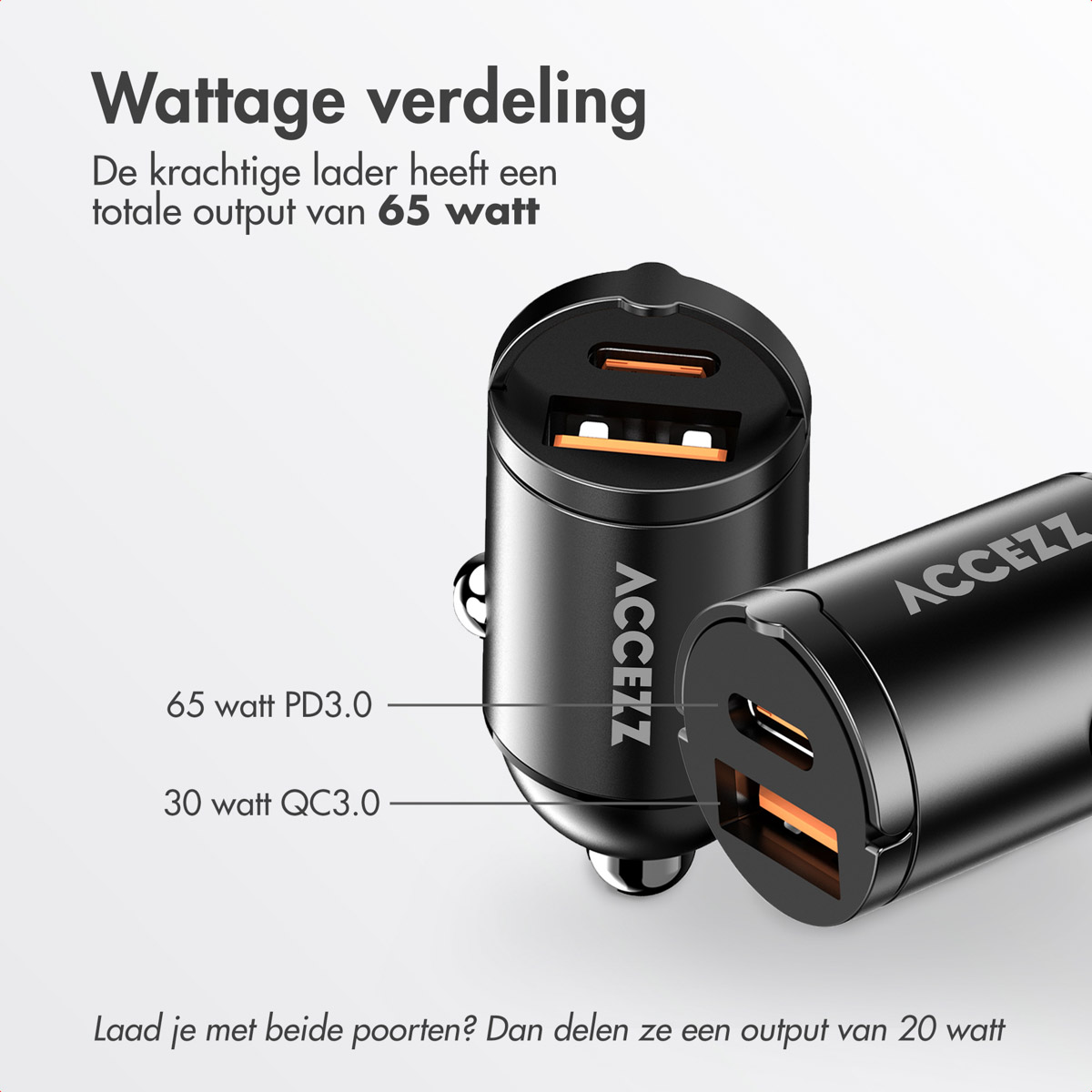 Two black chargers with orange ports. Text indicates wattage details for each port.