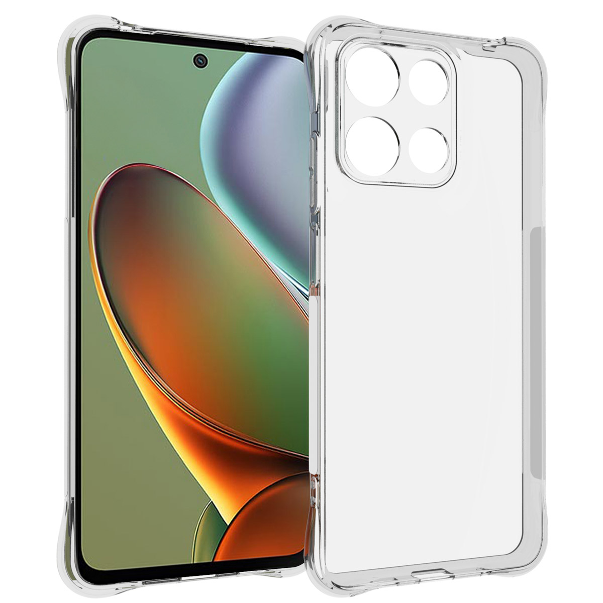 Coque de téléphone transparente protégeant un téléphone. Le téléphone a un écran.
