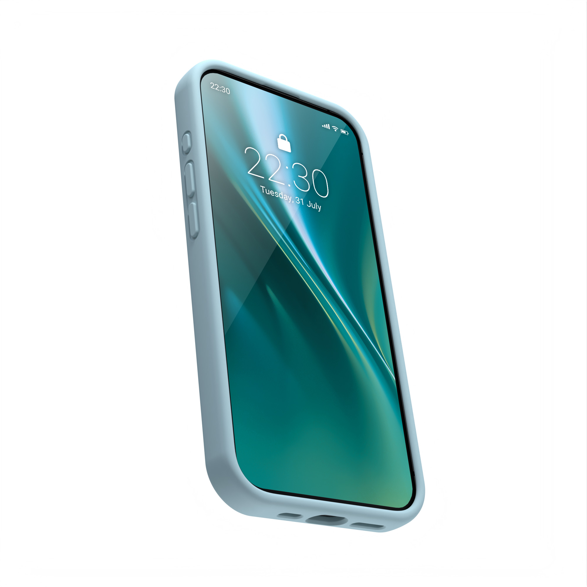 Pokazano jasnoniebieskie etui na telefon z telefonem w środku. Ekran pokazuje godzinę i datę.