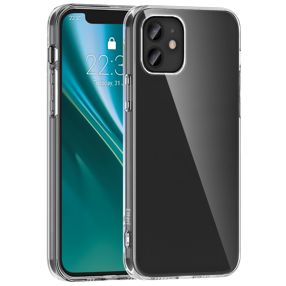 Un telefono all'interno di una custodia trasparente con una cornice nera.