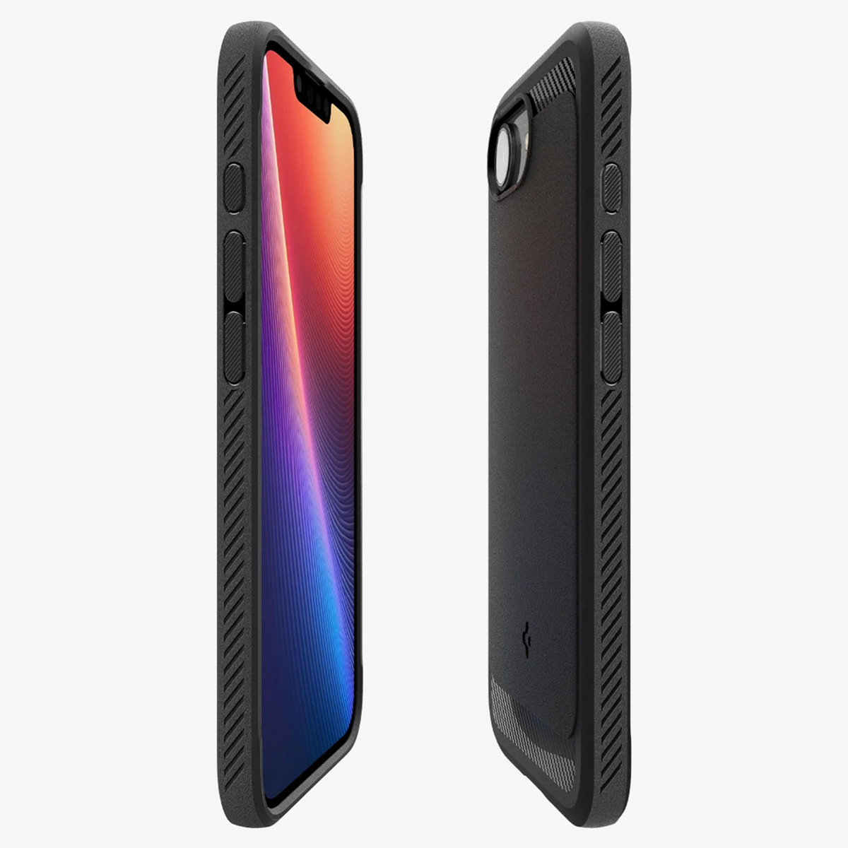 Custodia per telefono nera, due viste, che mostra la custodia sul telefono. Immagine colorata sullo schermo.