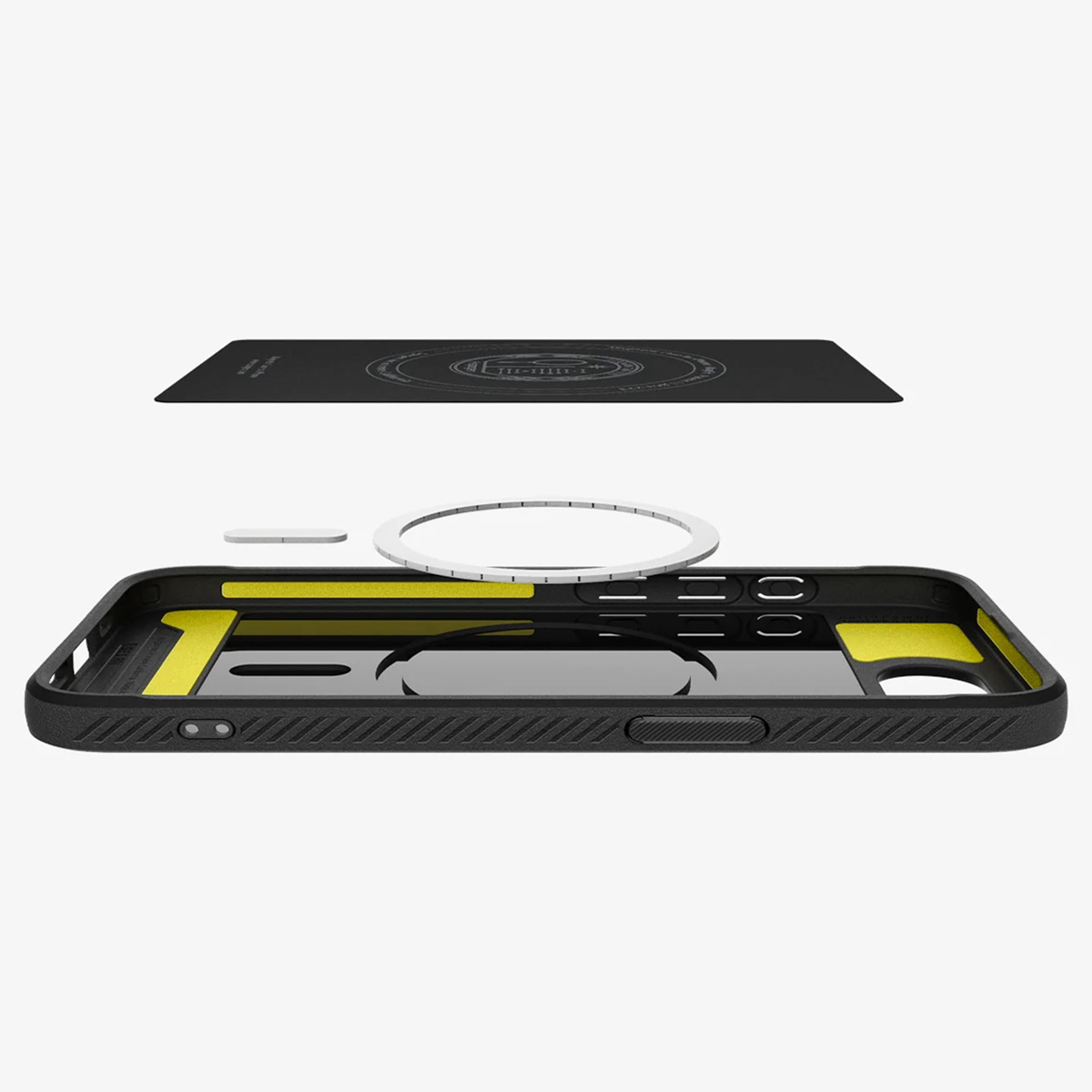 Una custodia per telefono nera smontata. Mostra la custodia, un magnete e un tappetino di ricarica.