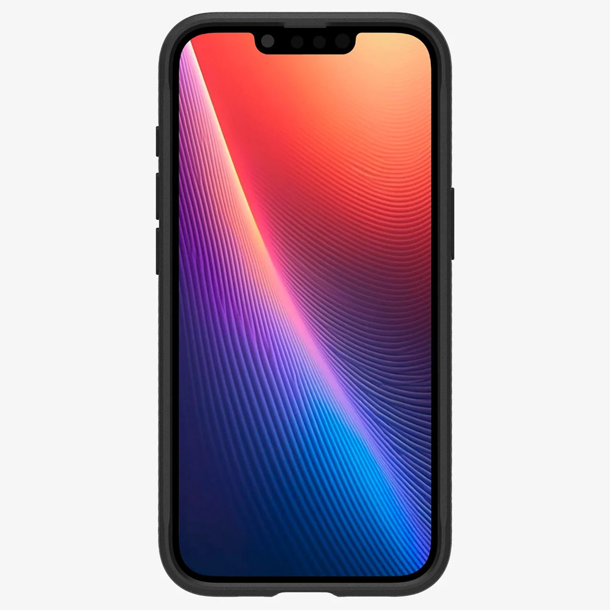 Un telefono nero con uno schermo colorato. Il telefono è in una custodia nera.