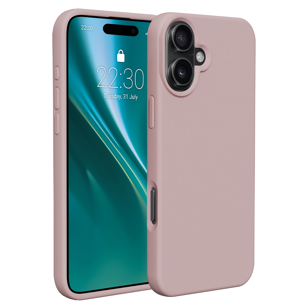 Telefono rosa con custodia. Il telefono mostra l'ora. La custodia ha un ritaglio per la fotocamera.