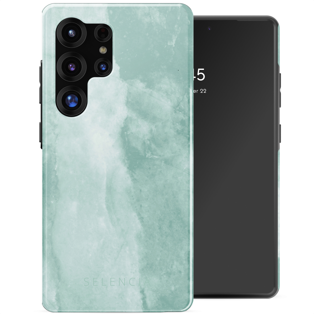 Telefoon met een telefoonhoesje met marmertextuur. De telefoon ligt op een wit oppervlak.
