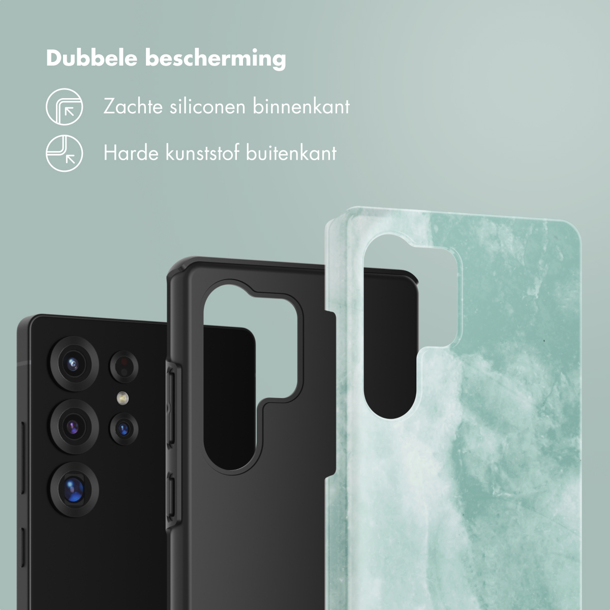 Telefoonhoes met een zwart frame en een gemarmerde groene achterkant. Tekst is zichtbaar.