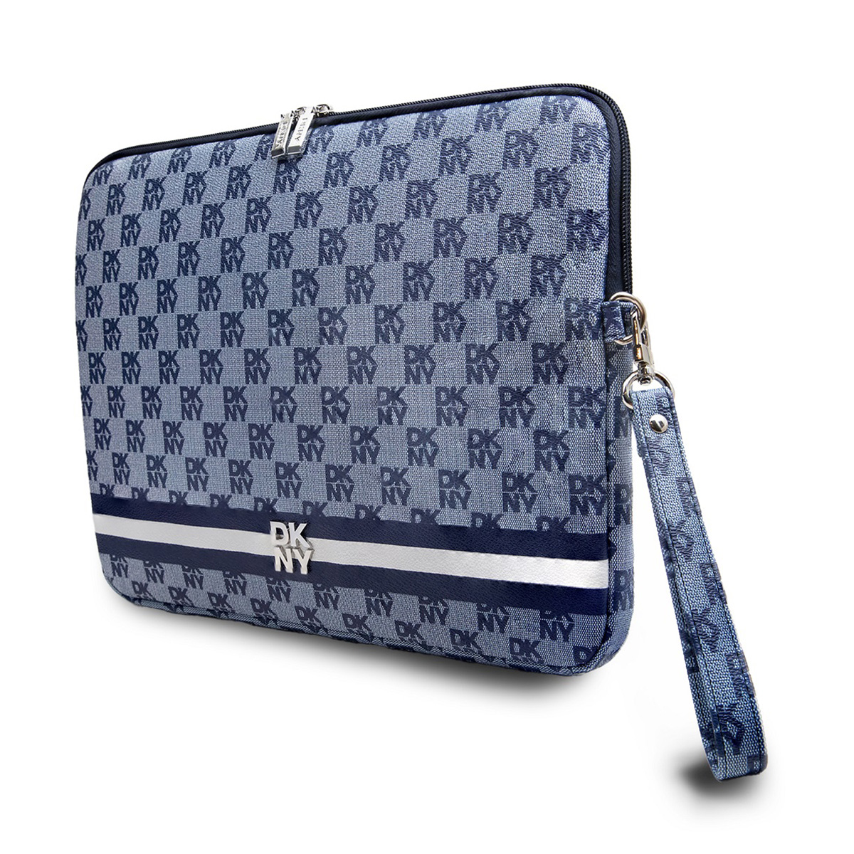 Blaue DKNY-Laptop-Tasche mit Henkel, silbernem Reißverschluss und DKNY-Logo-Muster. Weißer Hintergrund.