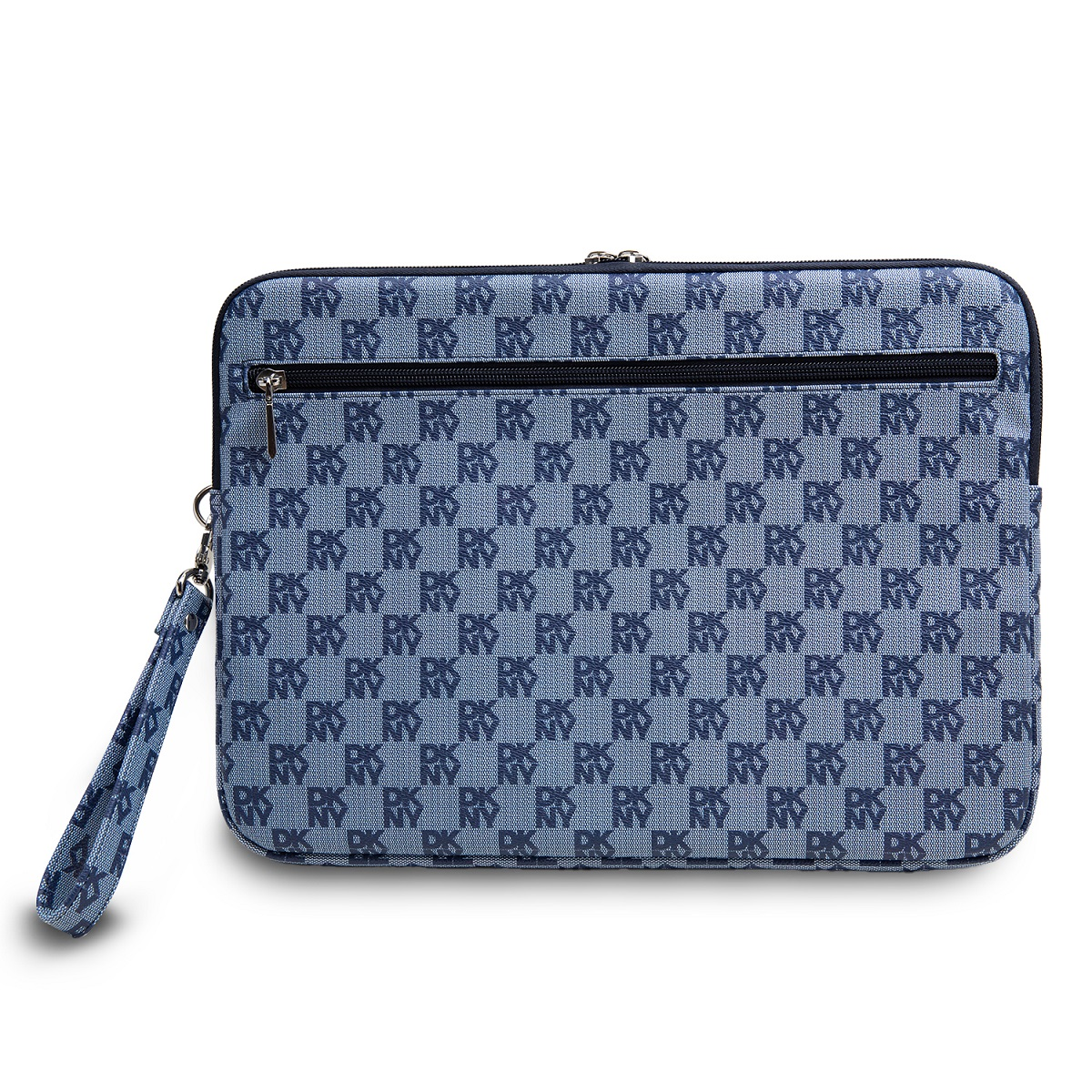Eine blaue Laptoptasche mit Reißverschluss und Griff, mit sich wiederholendem Logomuster.