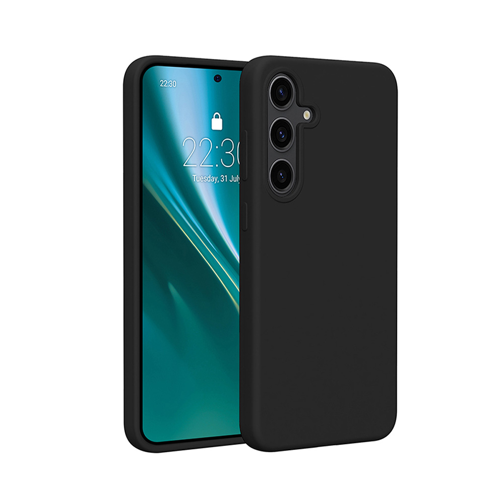 Czarny smartfon z czarnym etui. Ekran wyświetla zegar cyfrowy z tapetą.