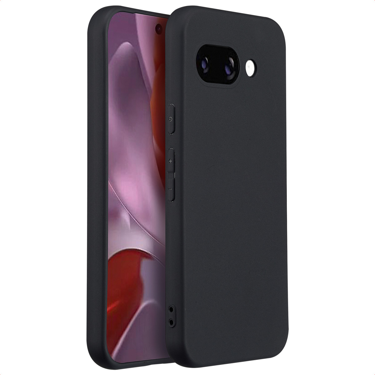 Zwarte telefoonhoes op een telefoon. Het is zwart. Een volumeknop zit aan de zijkant.