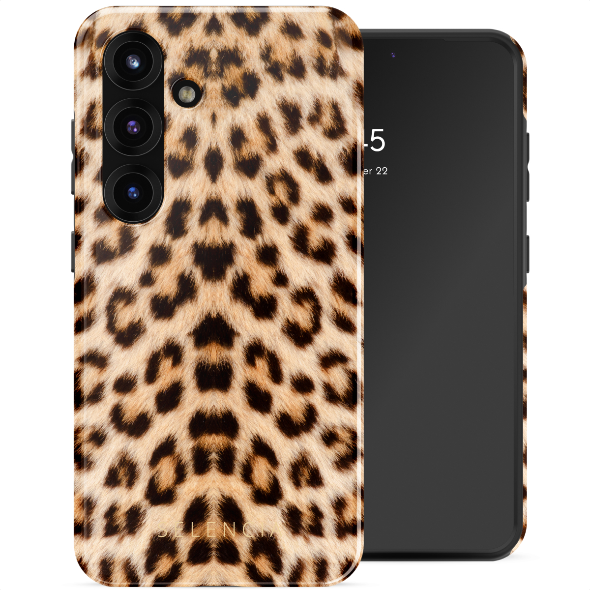Een telefoon met een luipaardprint hoesje naast een zwarte telefoon.
