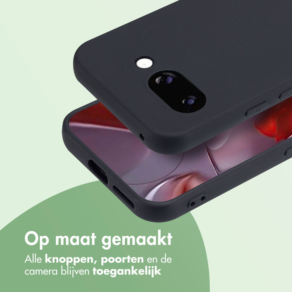 Een zwarte telefoonhoes, met een telefoon eronder zichtbaar. Tekst zegt 'Op maat gemaakt'. Achtergrond is blauw.