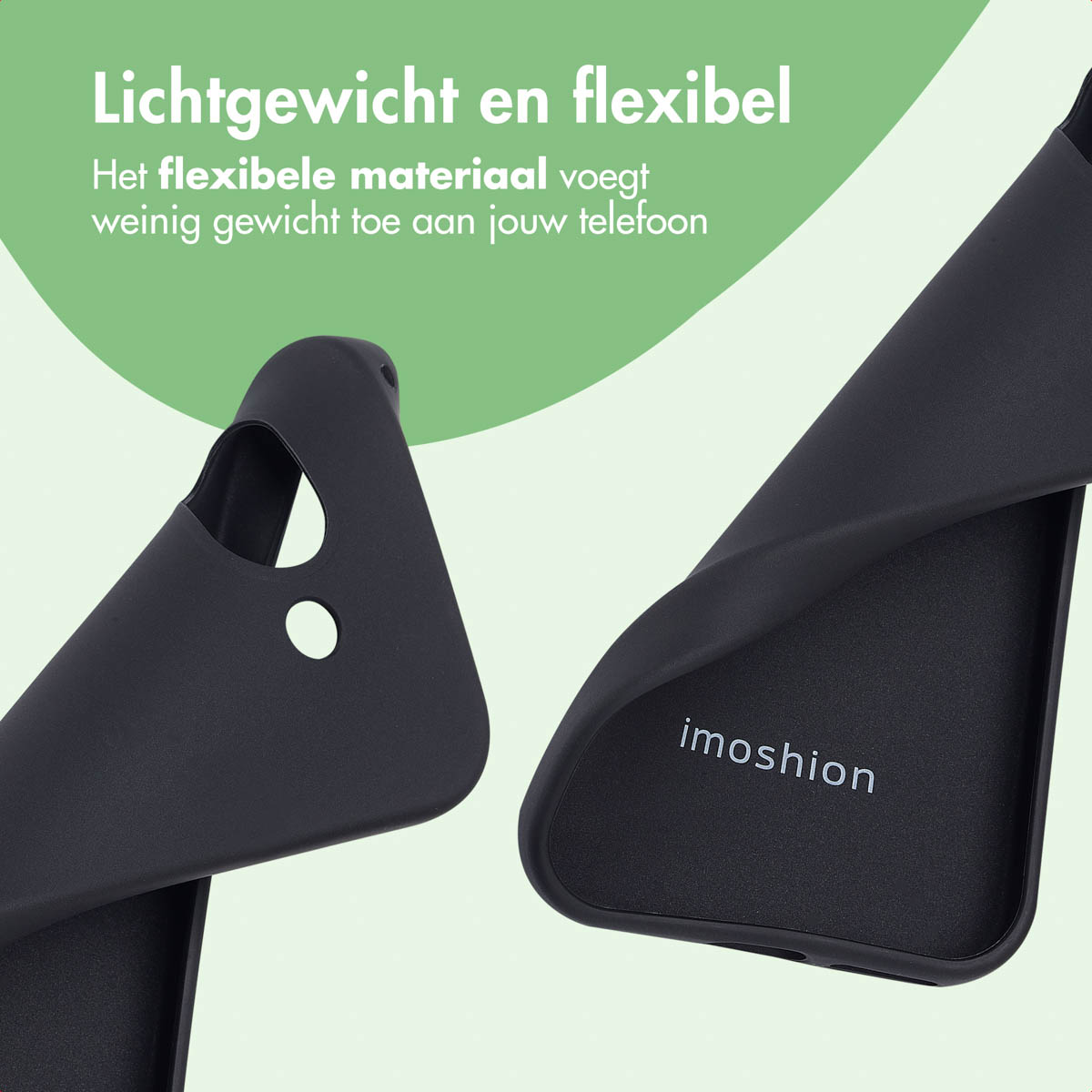 Een flexibel telefoonhoesje, met een close-up van het hoesjesmateriaal.