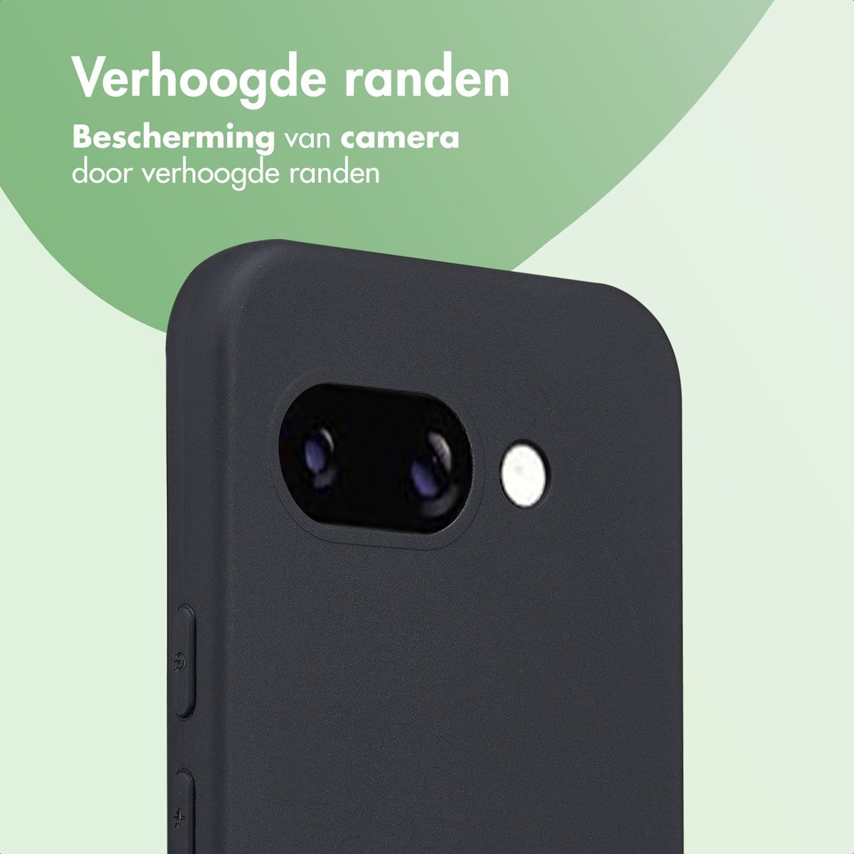 Close-up van een zwarte telefoonhoes. Toont cameralenzen en een wit licht. Tekst zegt: Verhoogde randen.