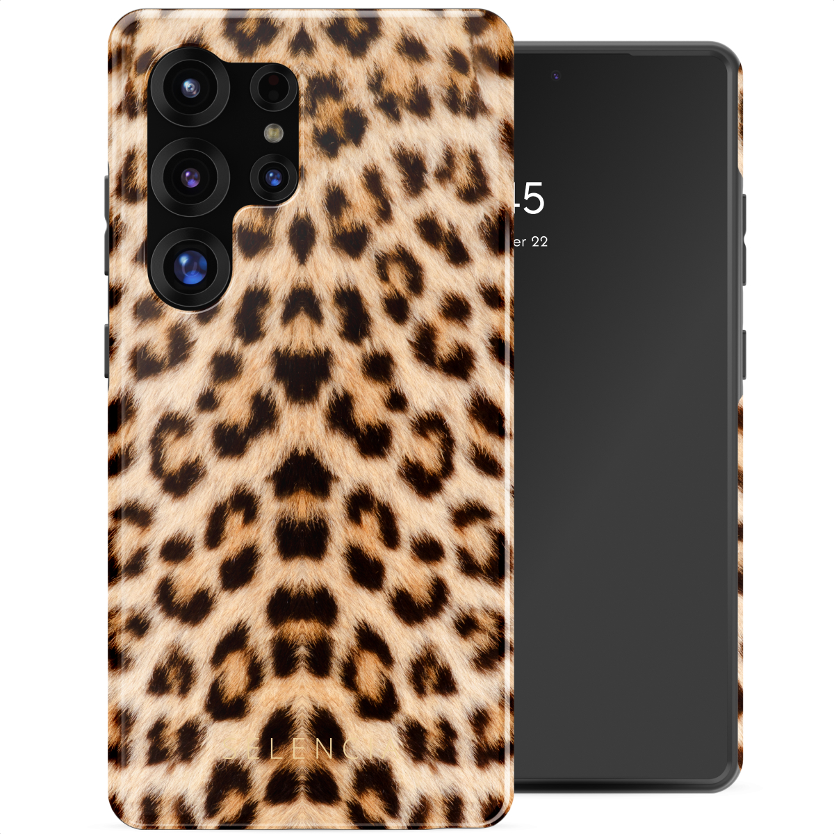 Telefoonhoesje met luipaardprint en een zwarte telefoon rechts.