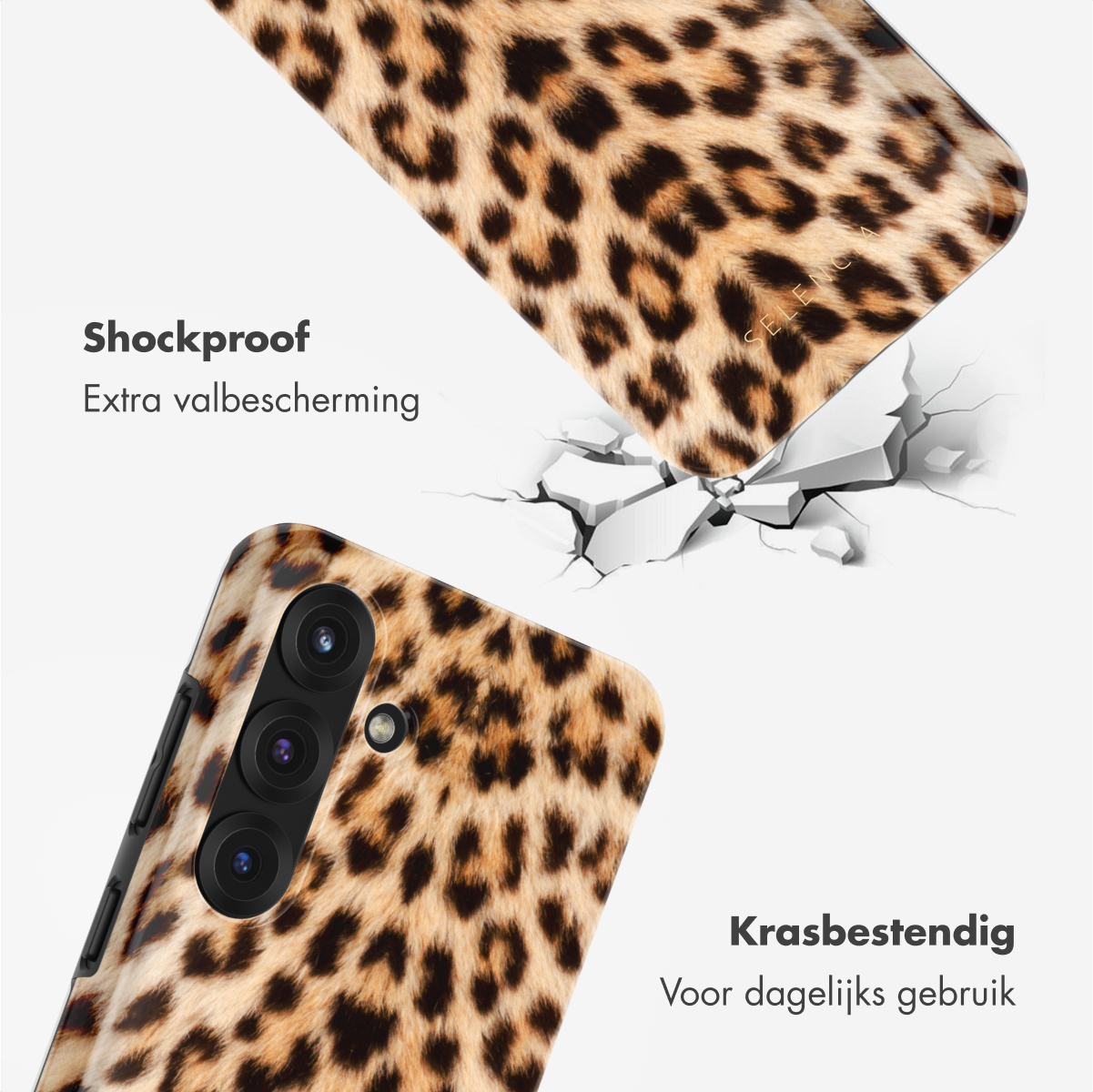 Telefoonhoesje met luipaardprint, telefoonscherm. Hoesje beschermt de telefoon.