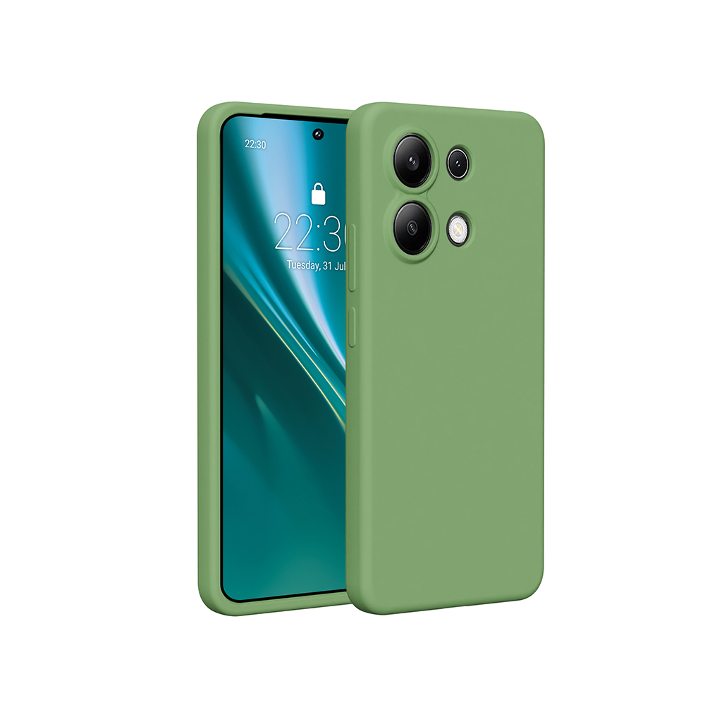 Una custodia verde per telefono con un telefono all'interno. Lo schermo mostra l'ora e l'impostazione della fotocamera.