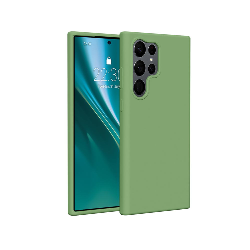 Una custodia verde per telefono e un telefono con schermo verde, che mostra un orologio. Il telefono ha più fotocamere.