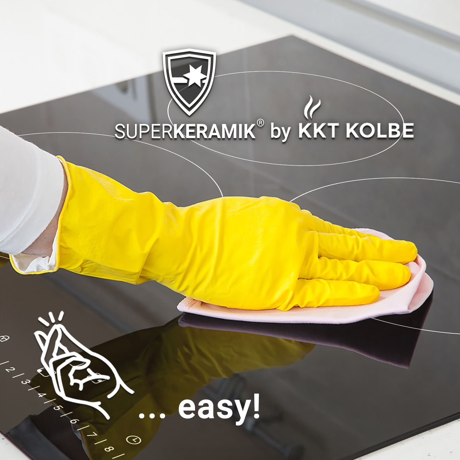 Gelbe Handschuhe wischen über ein Kochfeld. "SUPERKERAMIK" von KKT KOLBE.