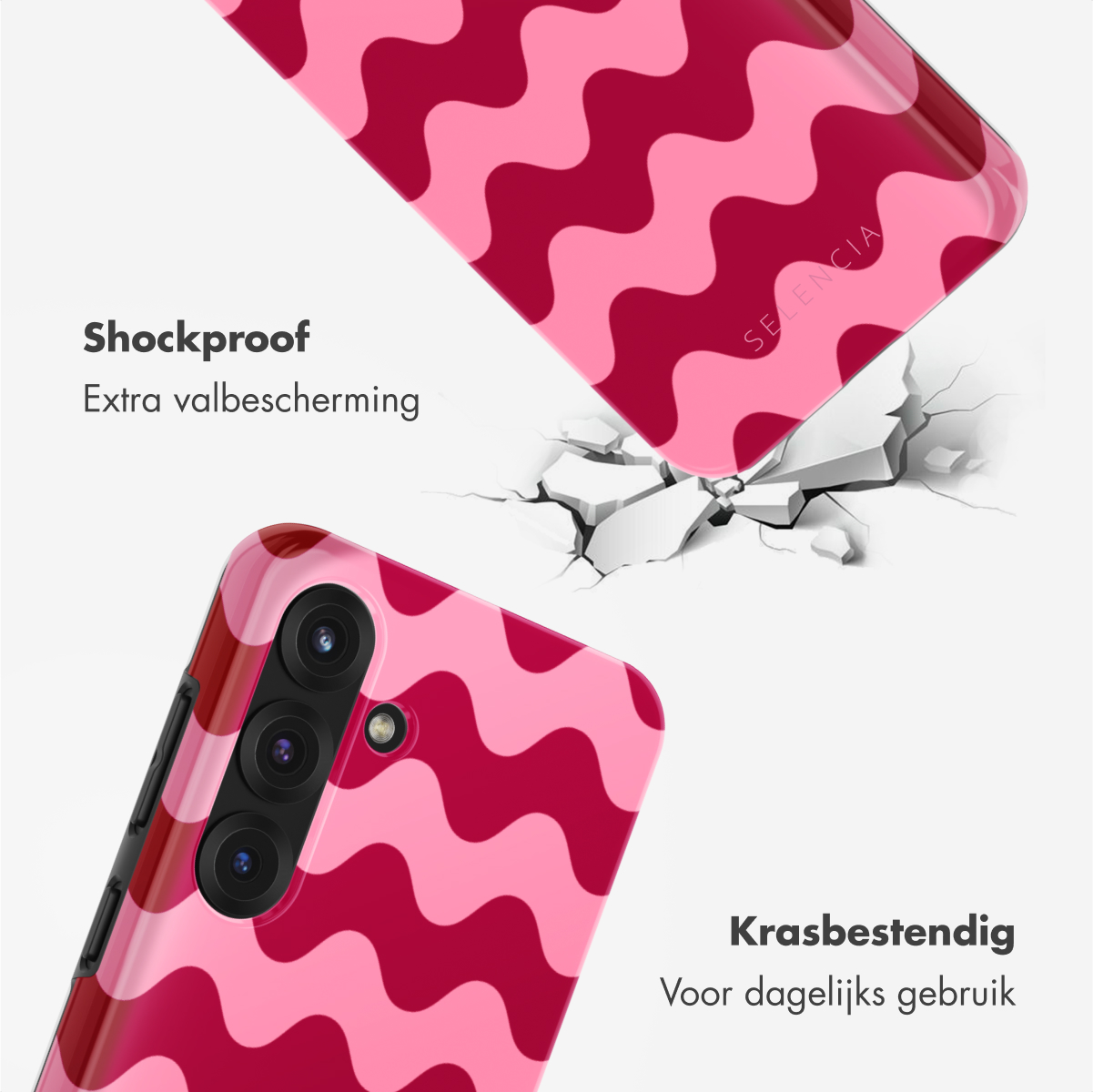 Twee roze, golvende telefoonhoesjes met tekst, een gebarsten. Teksten: Schokbestendig, Krasbestendig.