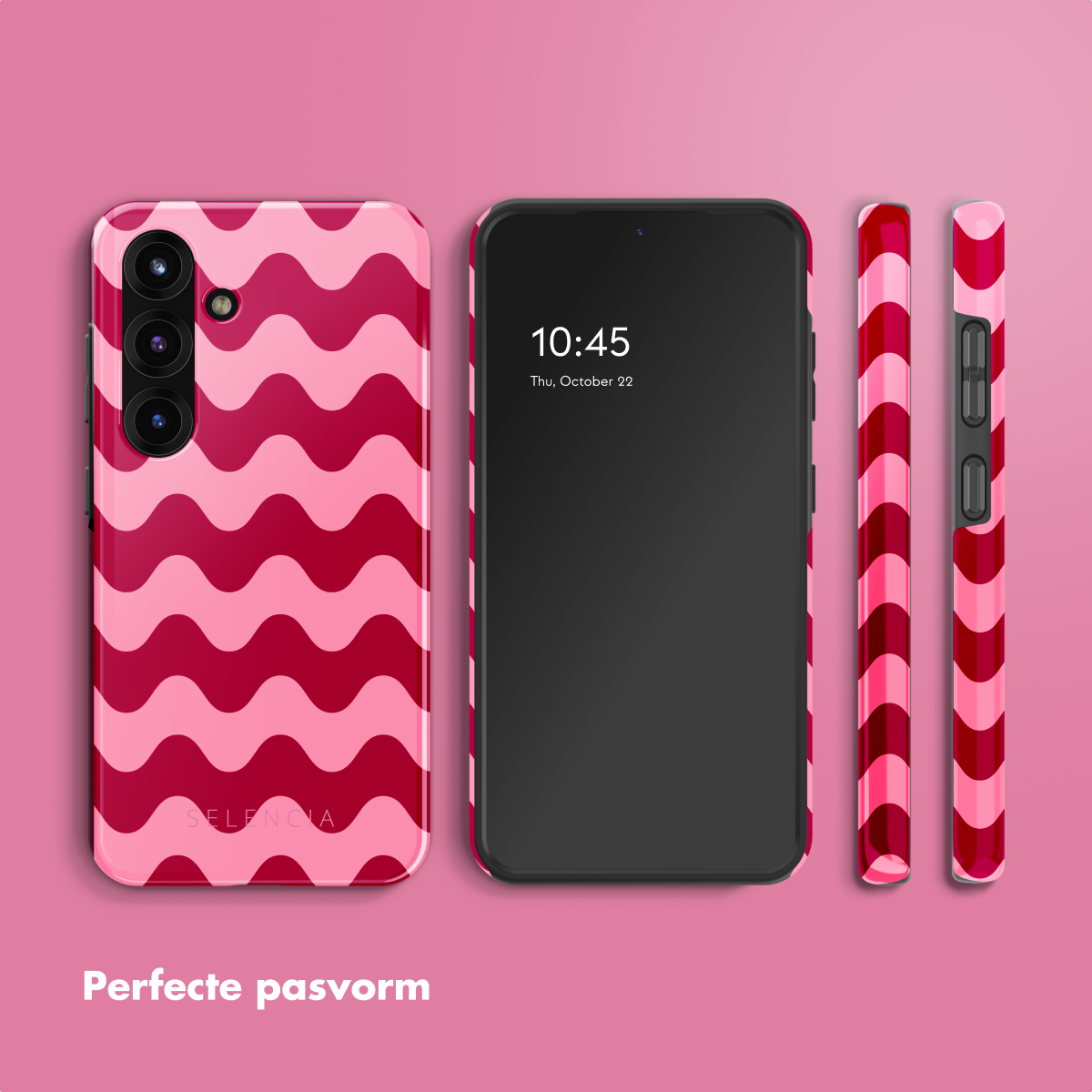 Telefoon en hoesjes met een golvend roze ontwerp. De tekst luidt: Perfecte pasvorm.