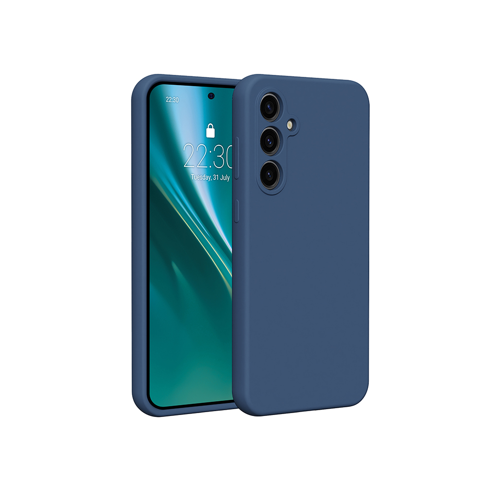 Custodia blu per telefono con un telefono all'interno, che mostra lo schermo.