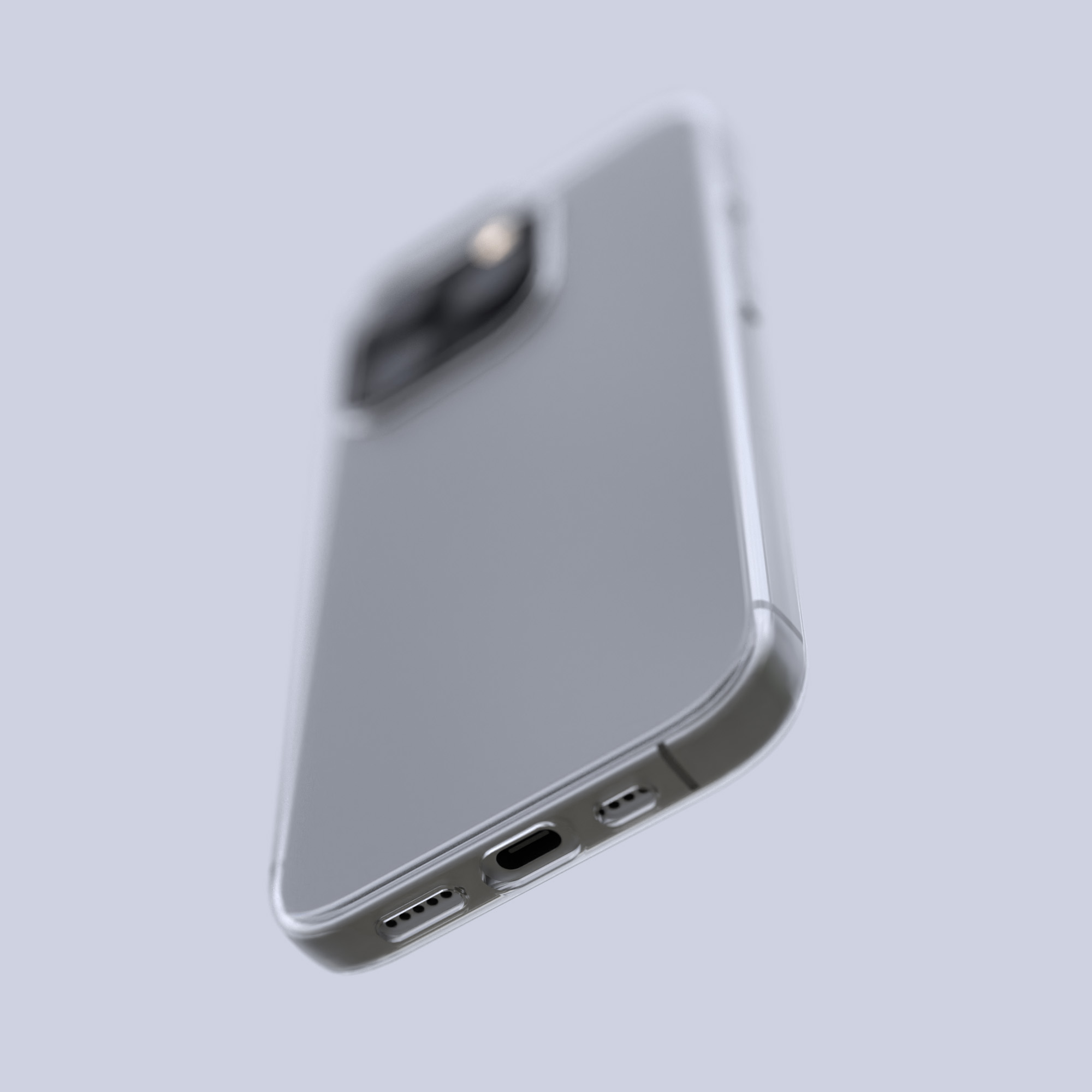 Ein Telefon in einer transparenten Hülle, das die Unterseite mit Anschluss und Lautsprechern zeigt. Der Hintergrund ist unscharf.