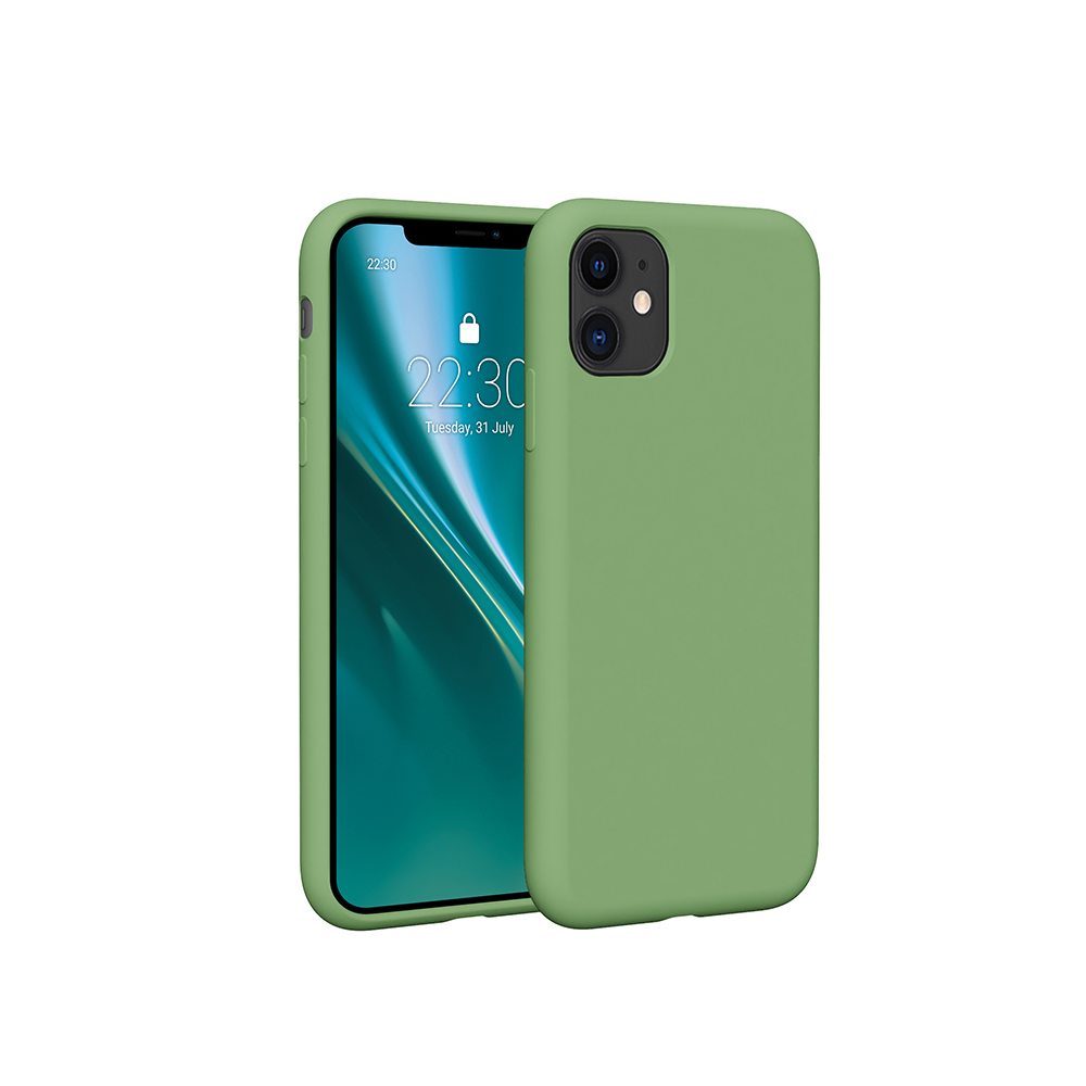 Due custodie verdi per telefono, una con lo schermo del telefono che mostra l'ora e una custodia vuota.