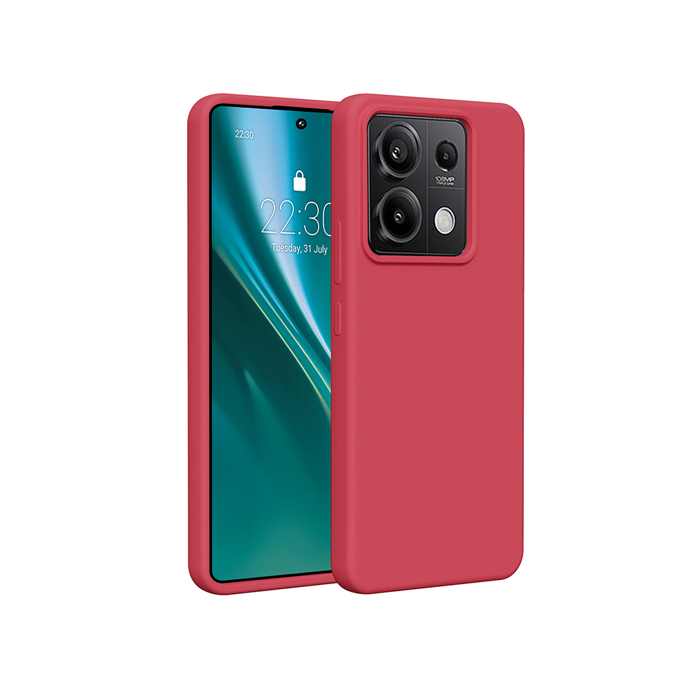 Custodia per telefono rossa con telefono dentro. Il telefono ha una fotocamera e uno schermo. Bianco.