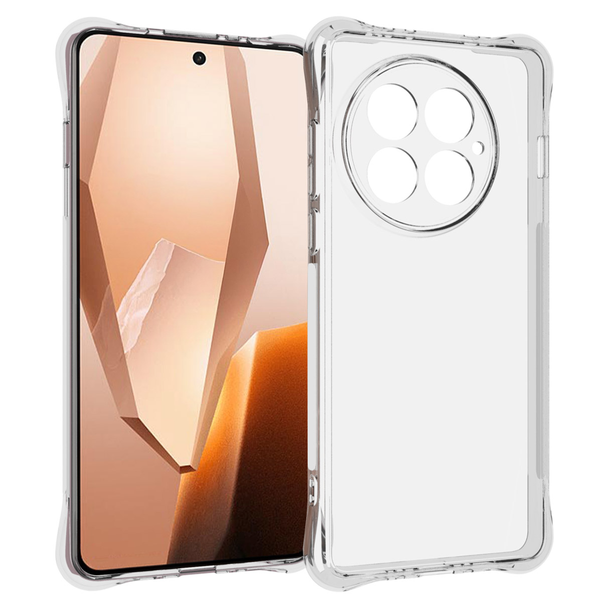Téléphone dans une coque de protection transparente, montrant l'arrière et l'avant du téléphone.