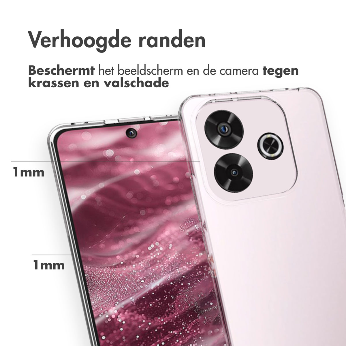 Een telefoon en een transparante telefoonhoes. De zijkanten van de hoes zijn 1 mm dik.