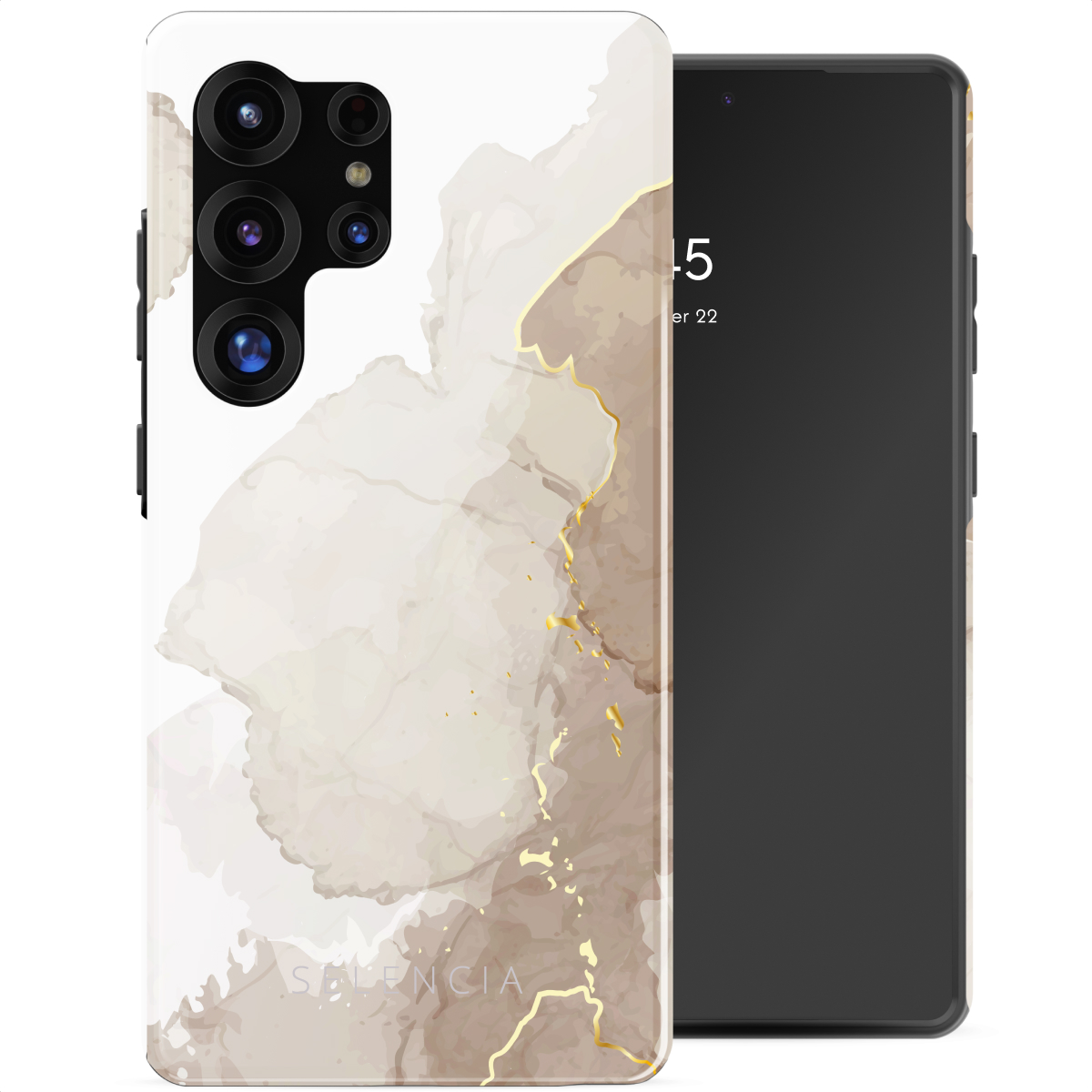 Telefoon met een witte en gouden hoes. De hoes heeft een marmeren ontwerp. De camera van de telefoon is zichtbaar.