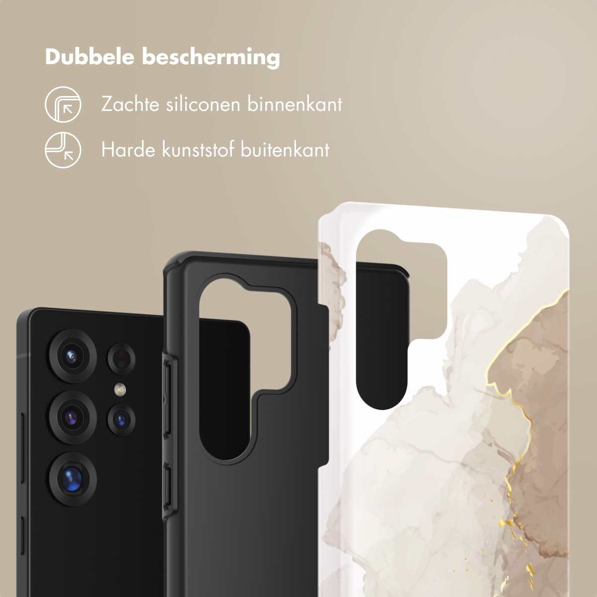 Drie telefoonhoesjes. Zwart telefoonhoesje, zwarte telefoon en een telefoonhoesje met marmerpatroon.