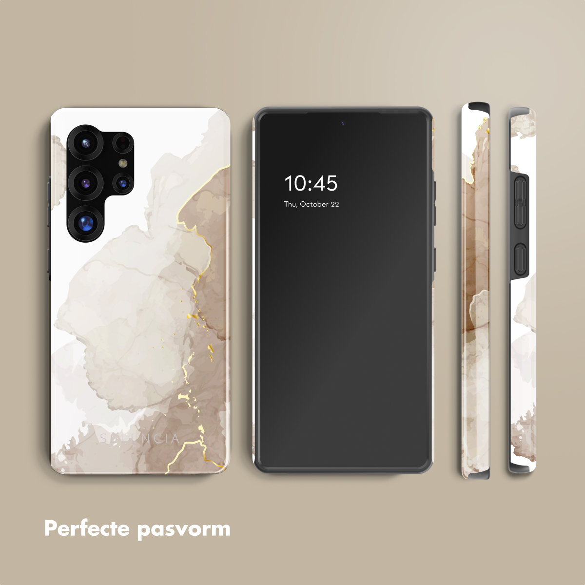 Telefoonhoesjes en telefoon op tafel. Hoesje met abstracte kunst en telefoon.