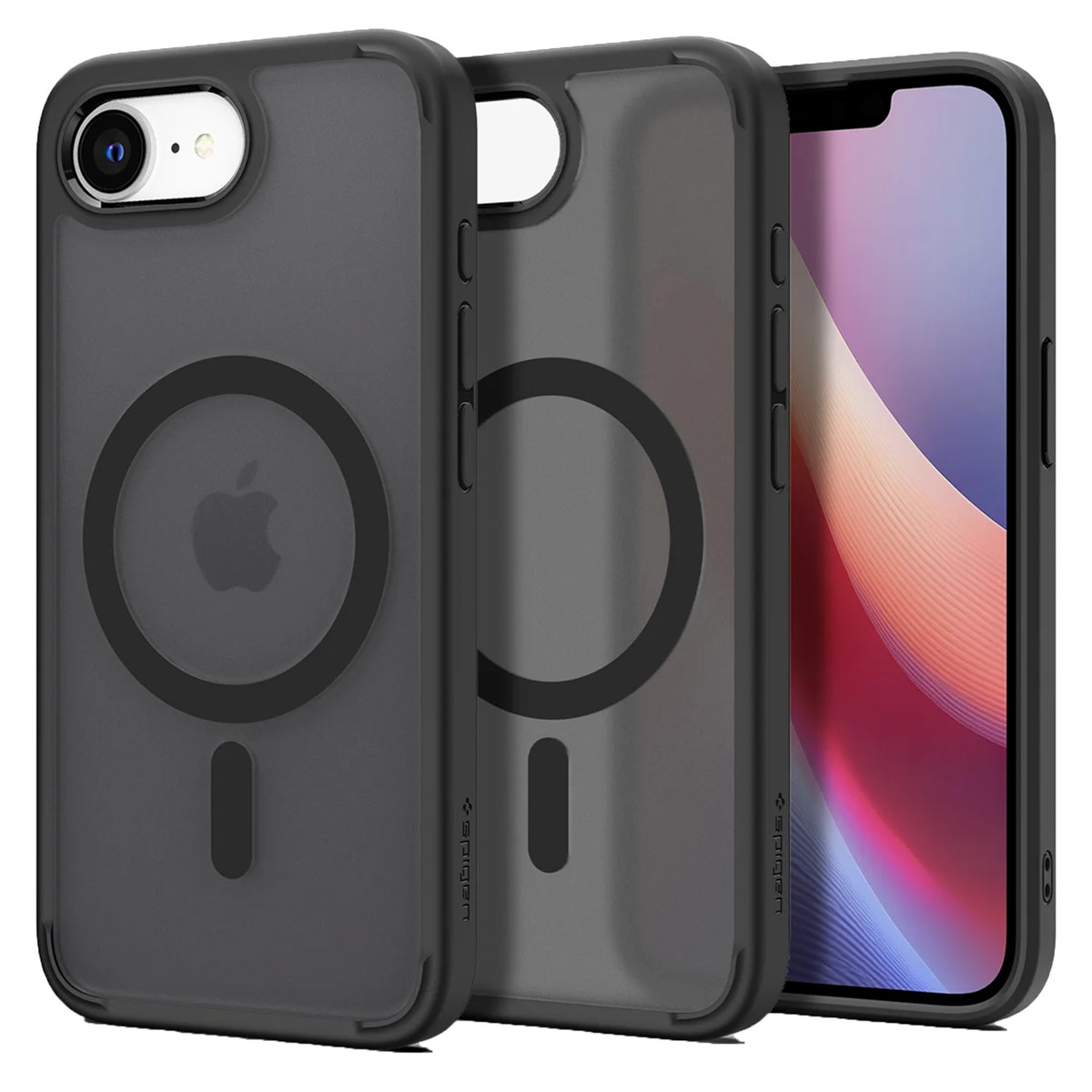 Trois coques de téléphone, deux transparentes avec un cercle, et une avec un téléphone à l'intérieur.