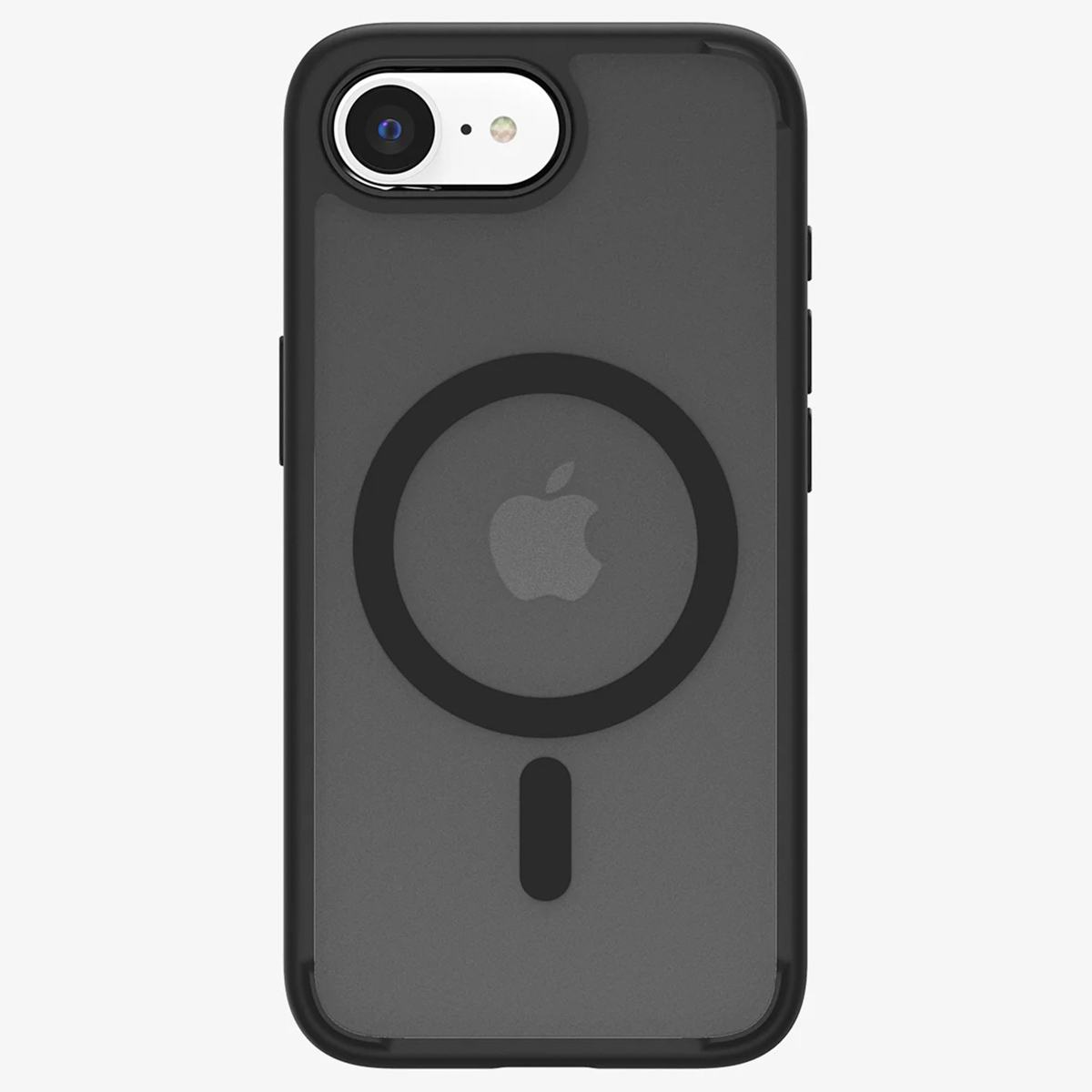 Un téléphone dans un étui noir et gris avec un logo Apple.