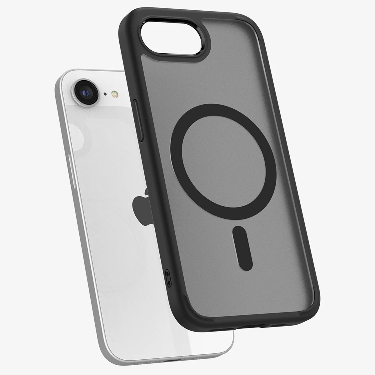 Un téléphone blanc avec un étui noir attaché, affichant un cercle noir.