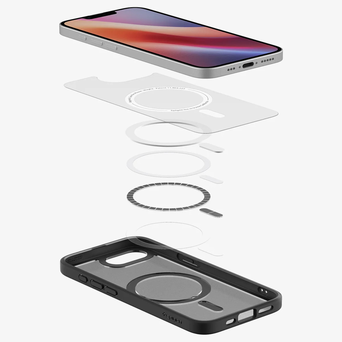 Vue éclatée du téléphone avec composants magnétiques. Coque, anneau magnétique et téléphone.