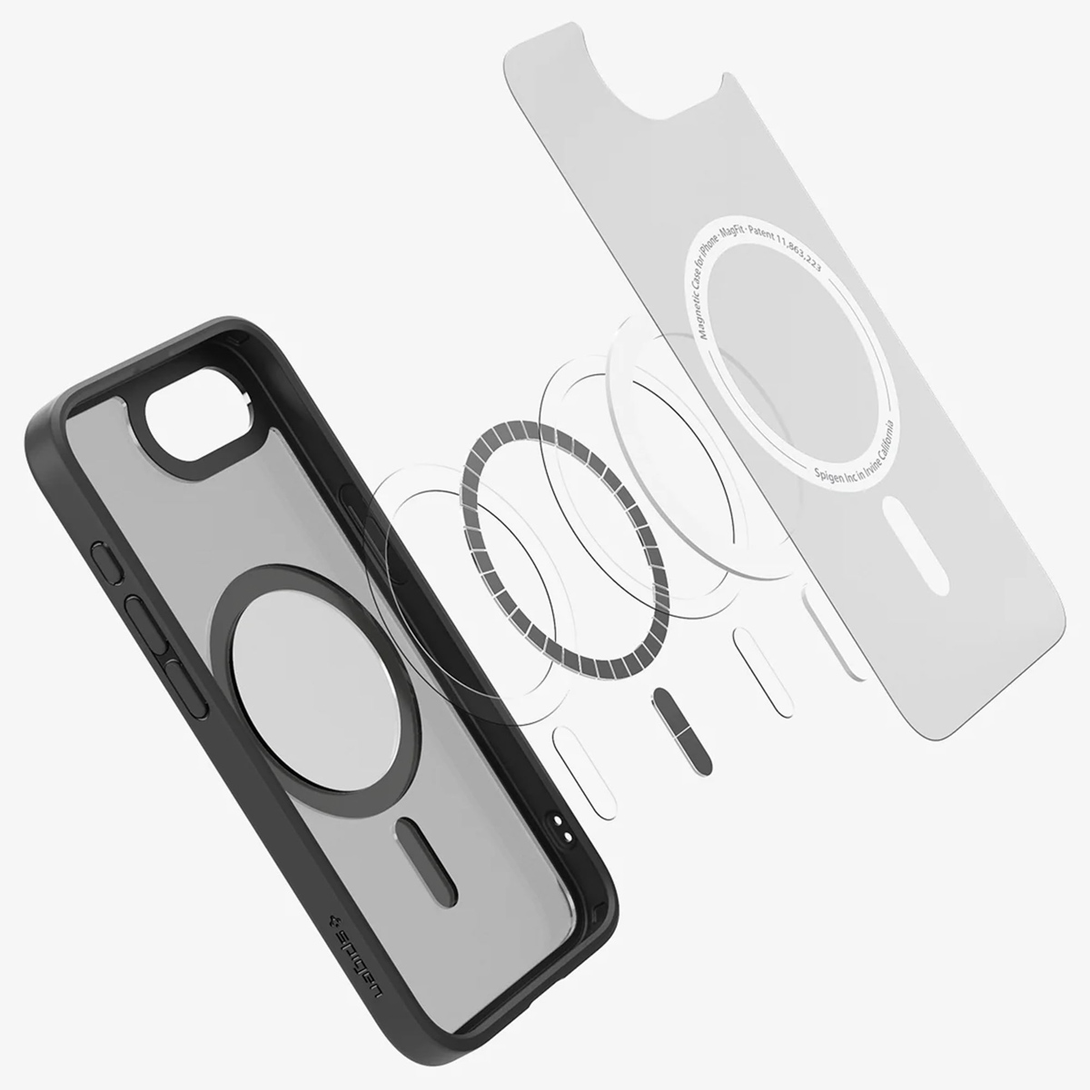 Coque de téléphone avec composants magnétiques, démontée. Cadre noir, dos transparent et anneau magnétique.