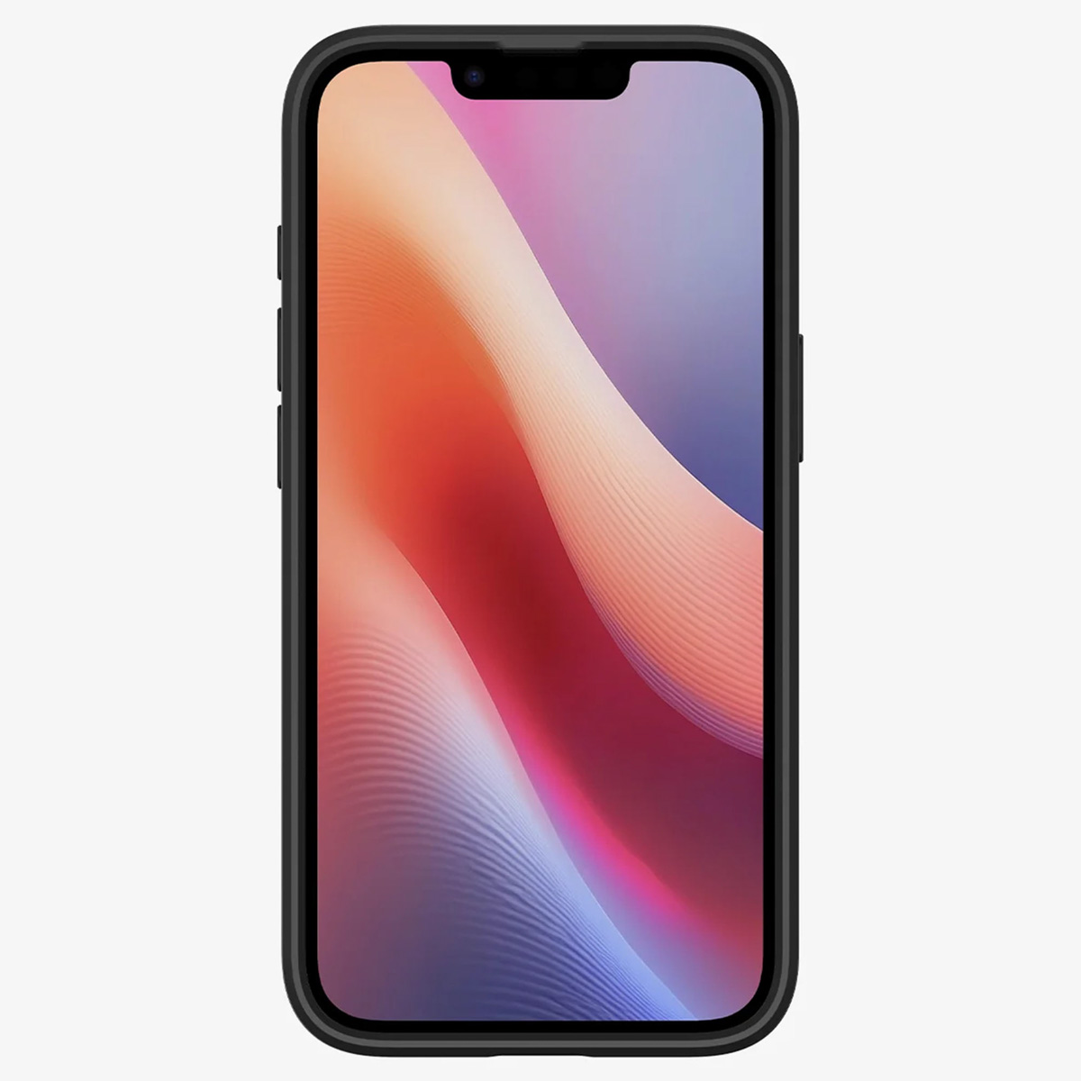 Un téléphone noir avec un fond d'écran coloré sur fond blanc.