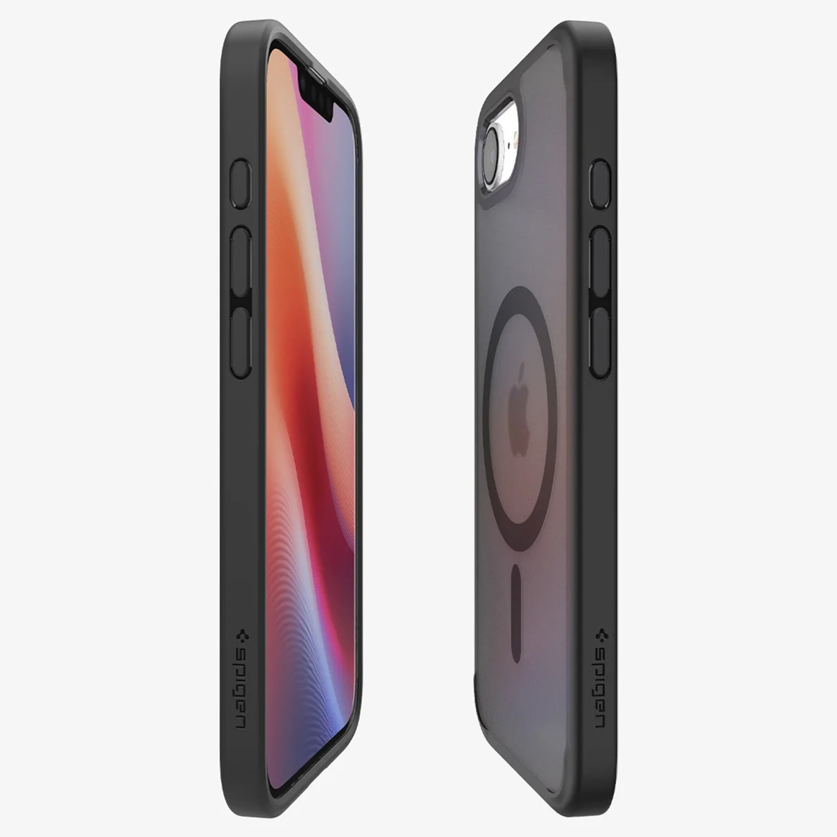 Deux téléphones dans des étuis, l'un montrant l'écran, l'autre le dos avec le logo Apple.