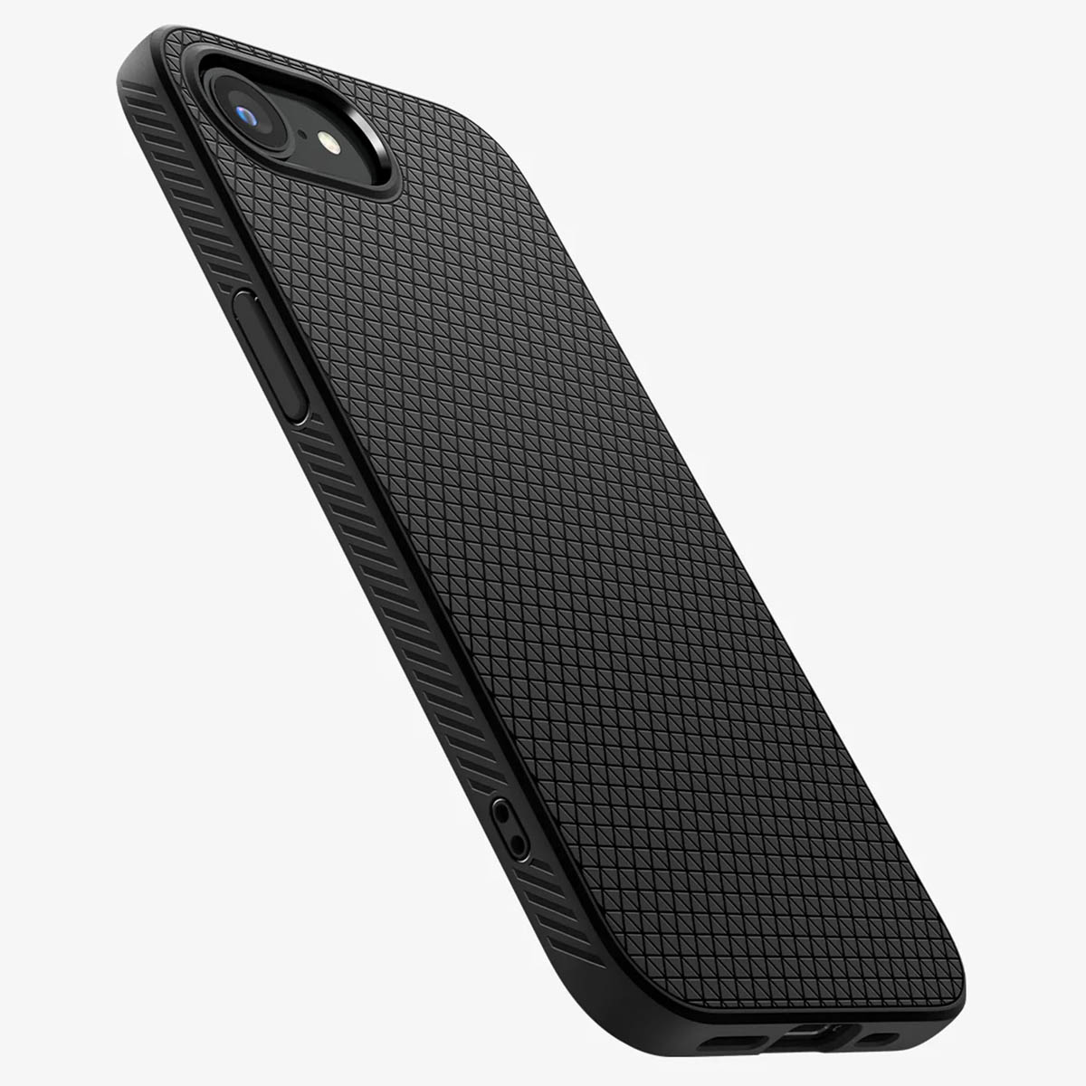 Black phone case with a textured pattern. The phone is placed diagonally. White background.