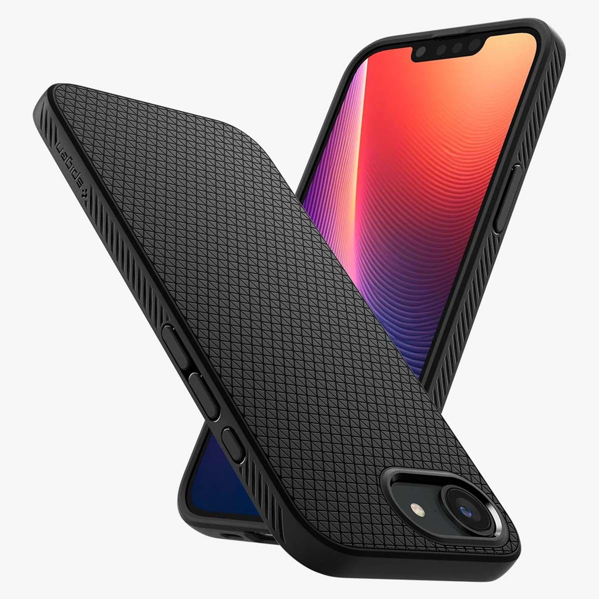 Two black phone cases, one on top of another. The top one has a textured design.