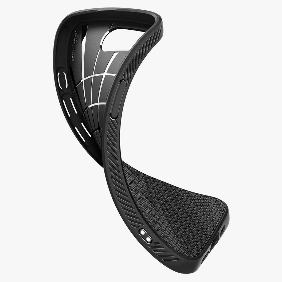 Black phone case, curved design, with internal structure. It looks strong.