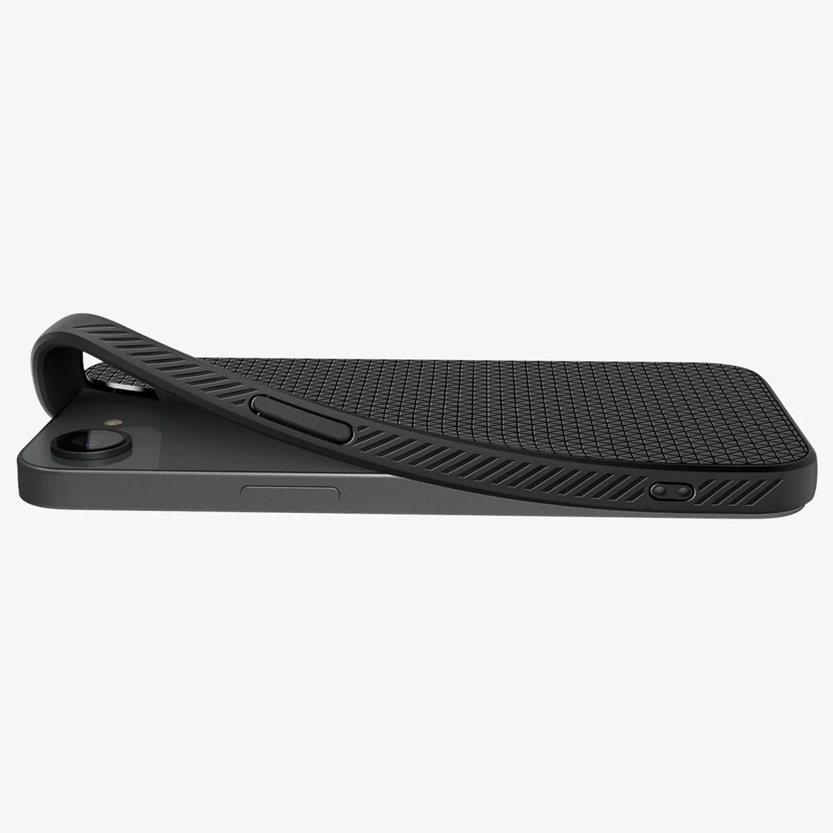 Black phone with a black case partially on, showing the texture, on a white background.