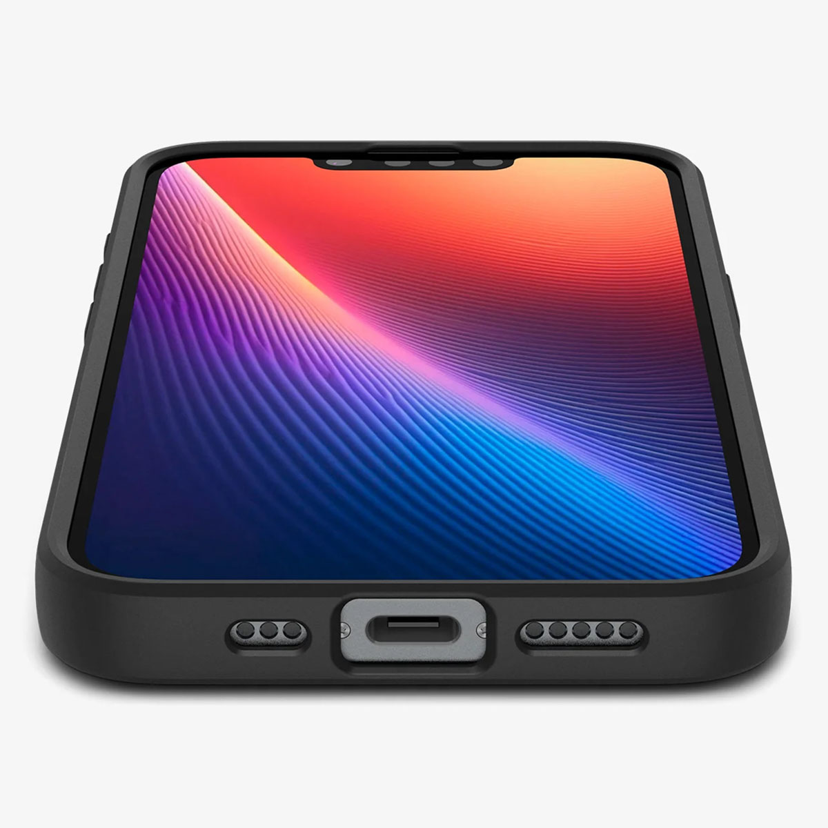 Phone case with a black frame and a colorful phone screen. The phone is on a white surface.