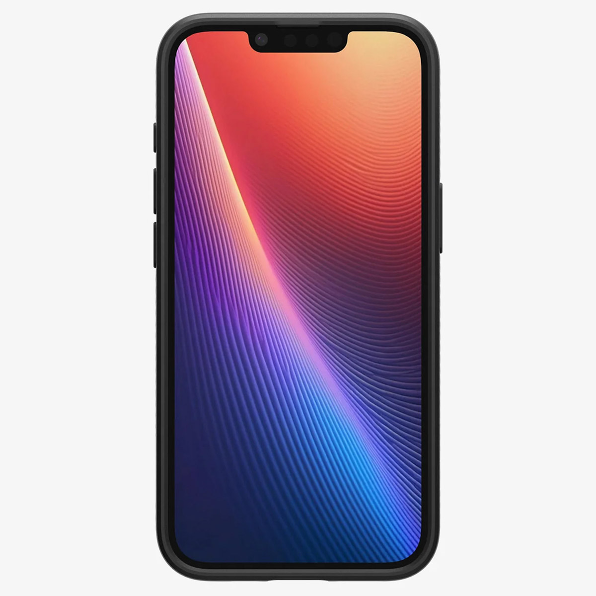 Black smartphone with a colorful wave-like background on the screen.