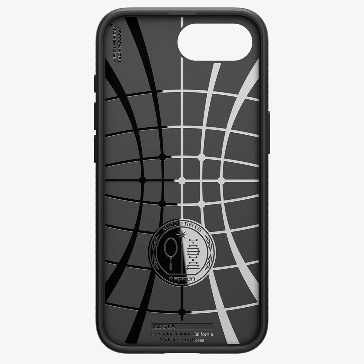 Black phone case with a grid design and the Spigen logo.